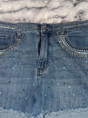 Blue Embellished Denim Jean Shorts with Rhinestone Detail